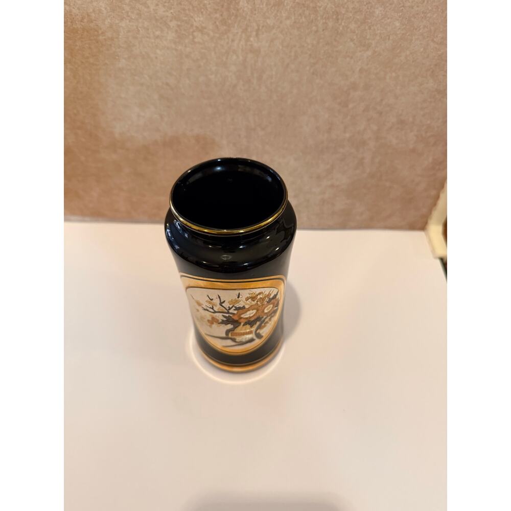 Vintage 11" Art Chokin Japanese Vase 24K Gold Gilded Imperial Flower Cart Black - Picture 7 of 12